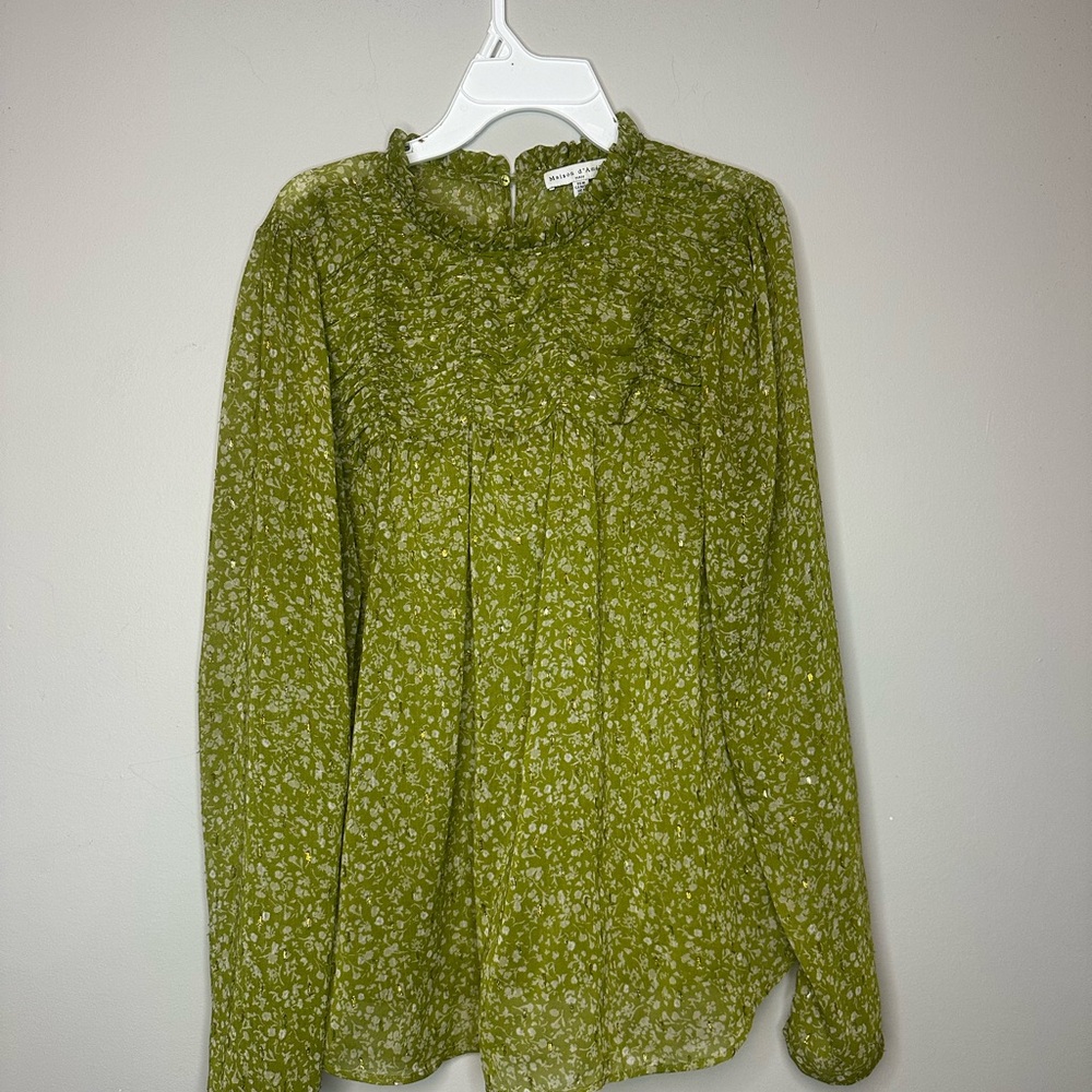 Maison D'Amelie Green Gold Metallic Sheer Smocked Blouse Size M Cottage Chic